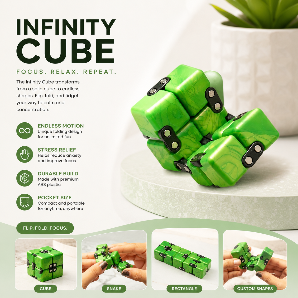Cubelelo Infinity Drift Cube™ – Premium Fidget Puzzle Toy for Stress Relief, Finger Tricks & Desk Fun | Portable Anti-Anxiety Flip Cube for Kids, Teens & Adults | Cool Mini Brain Game Gift | Ages 3+ (Green)