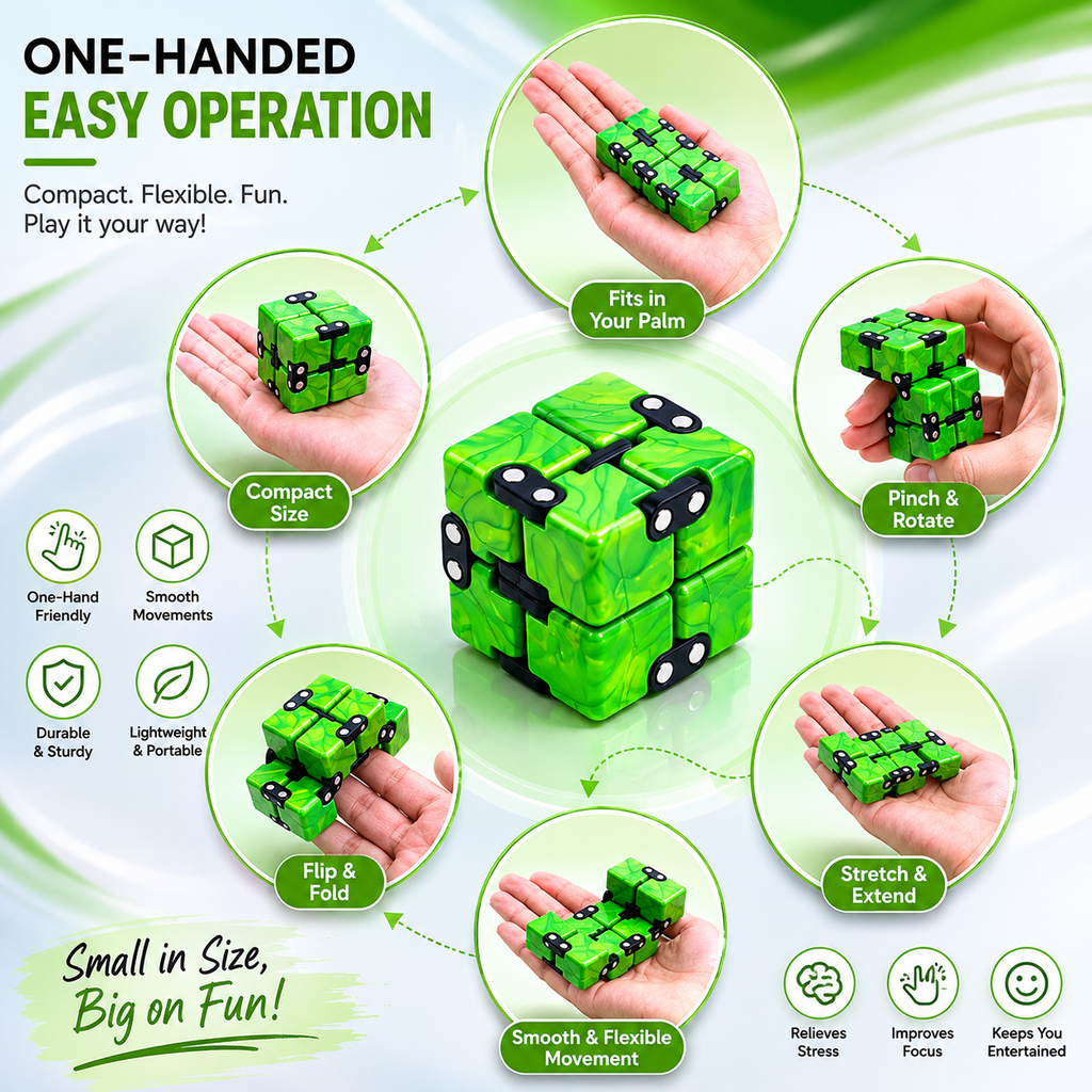 Cubelelo Infinity Drift Cube™ – Premium Fidget Puzzle Toy for Stress Relief, Finger Tricks & Desk Fun | Portable Anti-Anxiety Flip Cube for Kids, Teens & Adults | Cool Mini Brain Game Gift | Ages 3+ (Green)