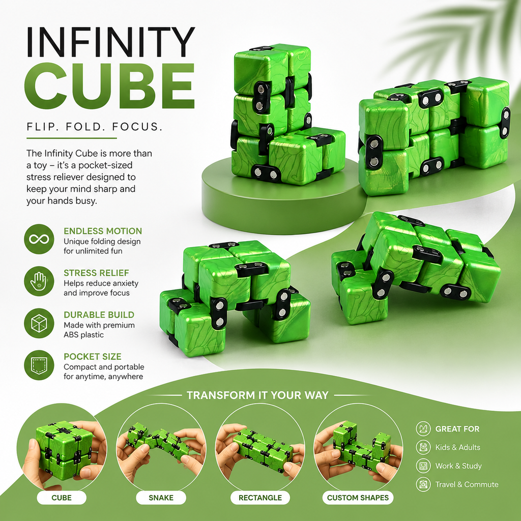 Cubelelo Infinity Drift Cube™ – Premium Fidget Puzzle Toy for Stress Relief, Finger Tricks & Desk Fun | Portable Anti-Anxiety Flip Cube for Kids, Teens & Adults | Cool Mini Brain Game Gift | Ages 3+ (Green)