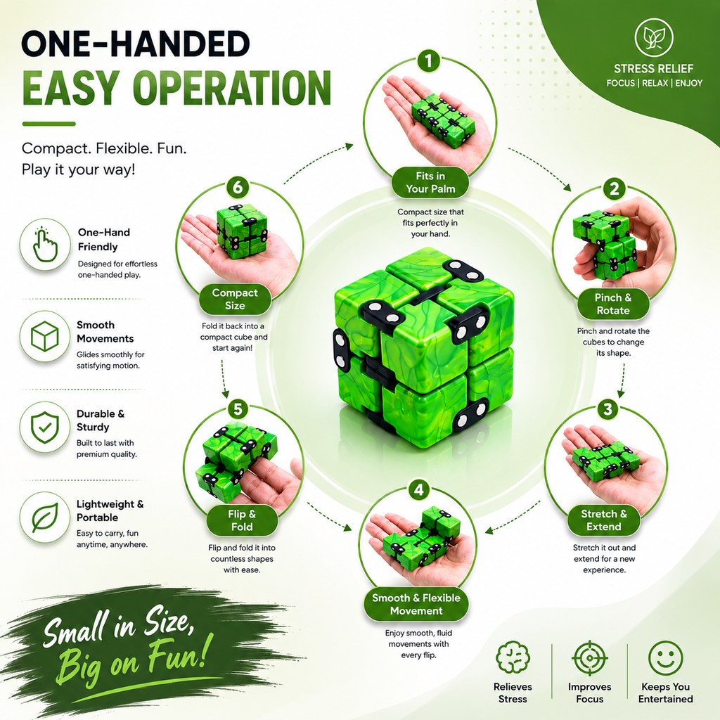 Cubelelo Infinity Drift Cube™ – Premium Fidget Puzzle Toy for Stress Relief, Finger Tricks & Desk Fun | Portable Anti-Anxiety Flip Cube for Kids, Teens & Adults | Cool Mini Brain Game Gift | Ages 3+ (Green)