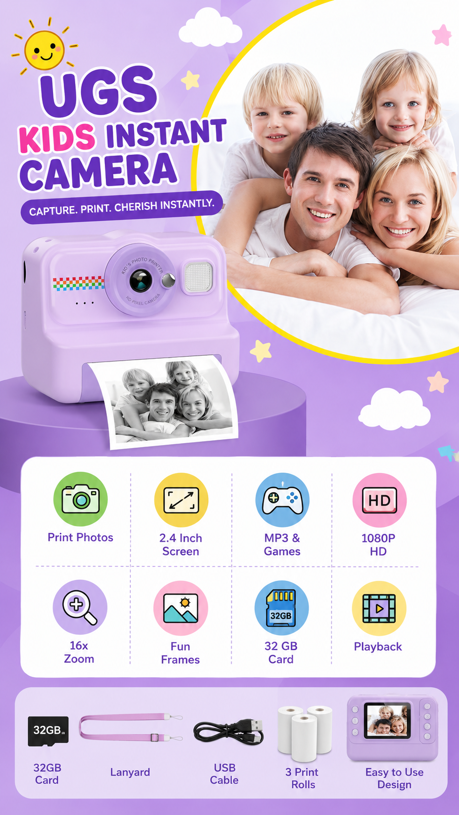HiMont Kids Instant Print Camera for Boys & Girls | 1080P HD Digital Photo & Video Camera with Instant Thermal Printing, 32GB Memory Card & 3 Paper Rolls | Fun Educational Gift Toy for Kids Age 3-12 Years