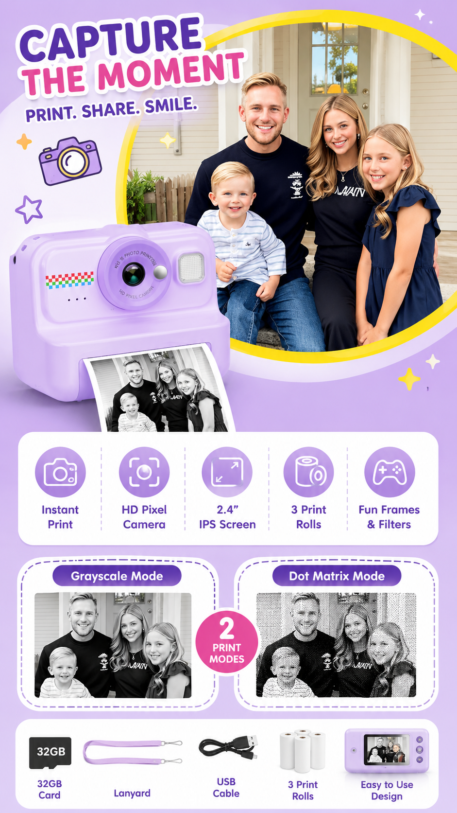 HiMont Kids Instant Print Camera for Boys & Girls | 1080P HD Digital Photo & Video Camera with Instant Thermal Printing, 32GB Memory Card & 3 Paper Rolls | Fun Educational Gift Toy for Kids Age 3-12 Years