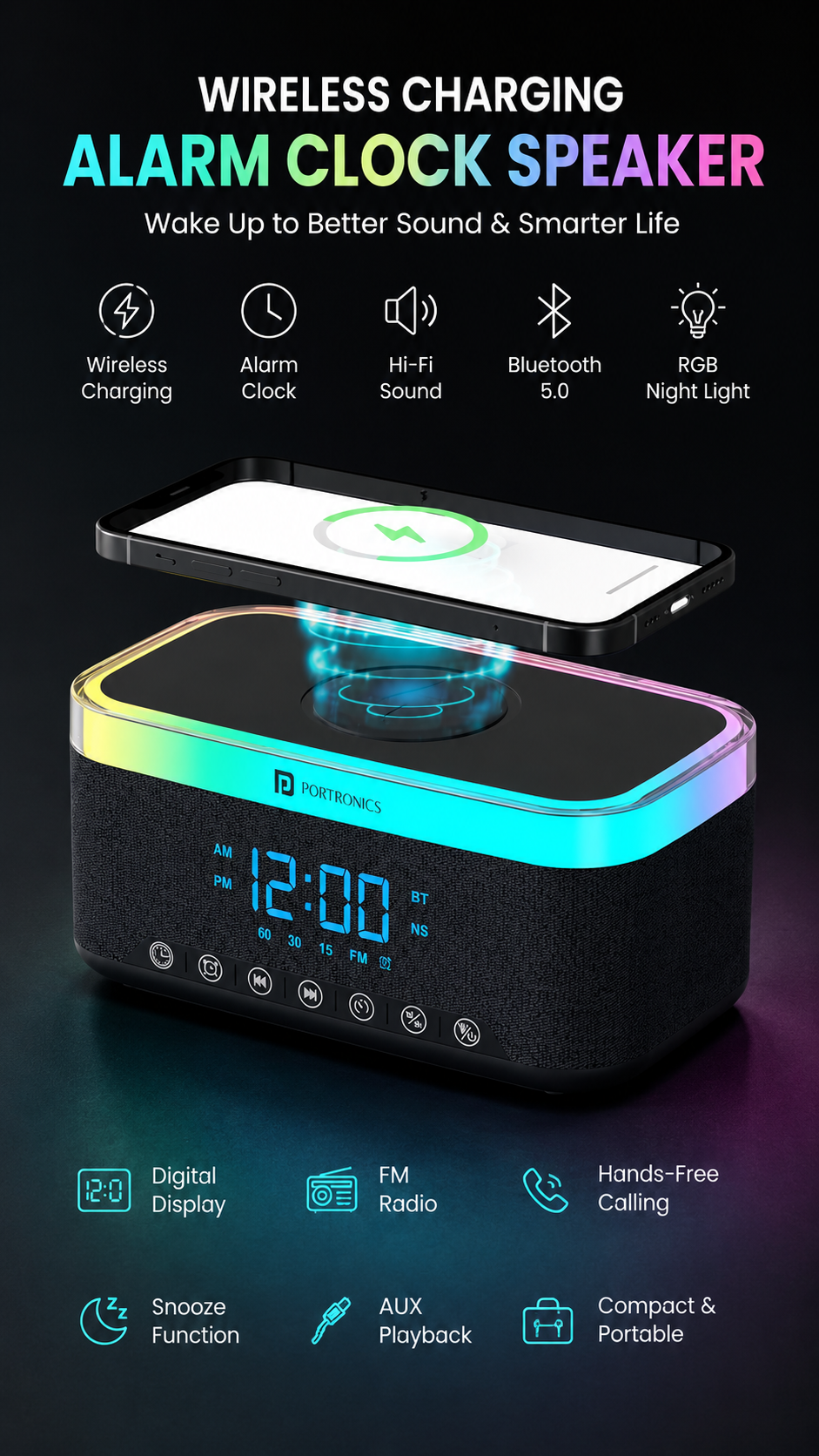 Portronics Trifusion Smart Bluetooth Speaker with 16W HD Sound, 15W Wireless Fast Charging, RGB Ambient Lights, Digital Alarm Clock, White Noise Mode, USB/SD/AUX Support & Type-C Charging – Black