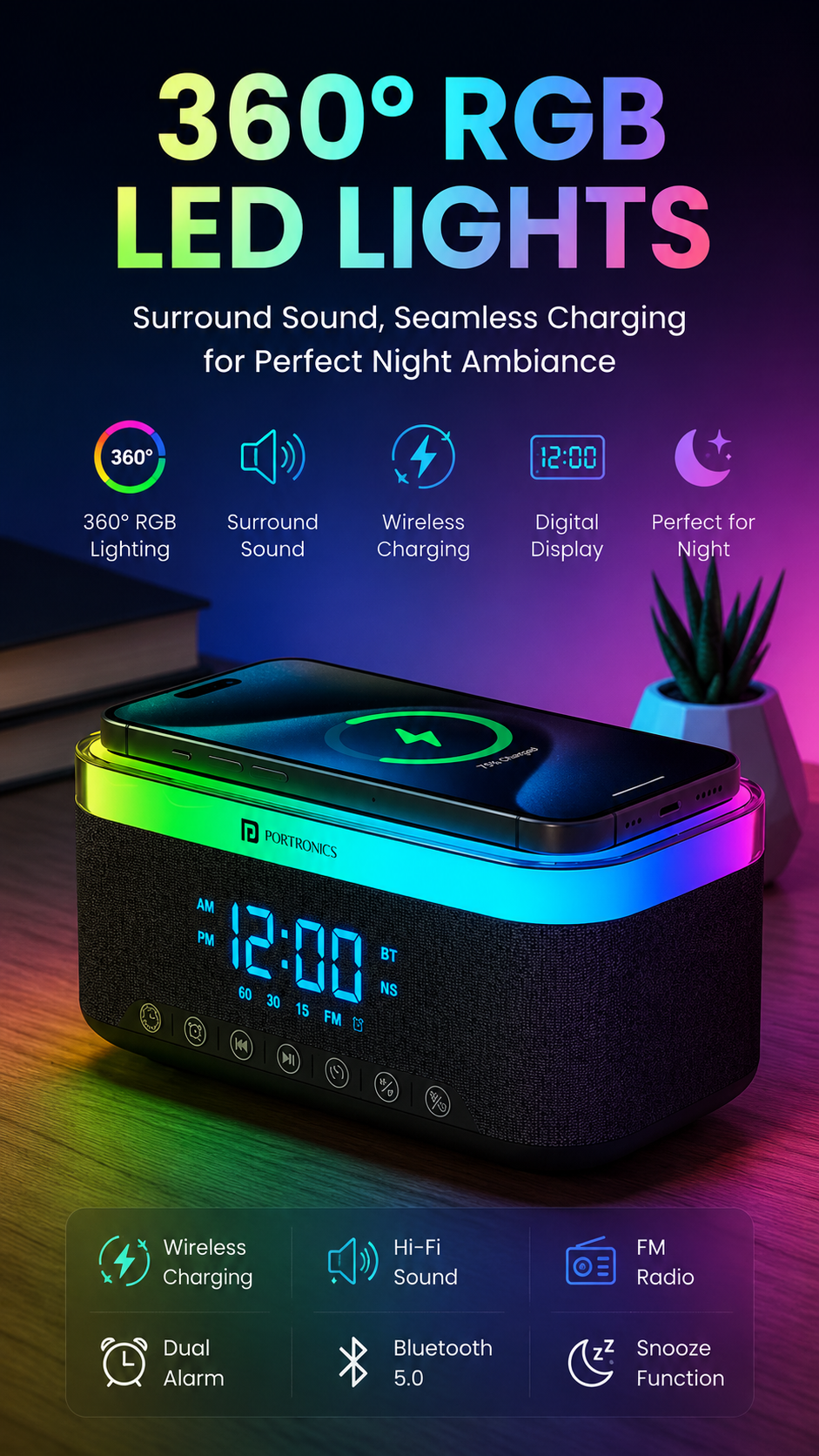 Portronics Trifusion Smart Bluetooth Speaker with 16W HD Sound, 15W Wireless Fast Charging, RGB Ambient Lights, Digital Alarm Clock, White Noise Mode, USB/SD/AUX Support & Type-C Charging – Black