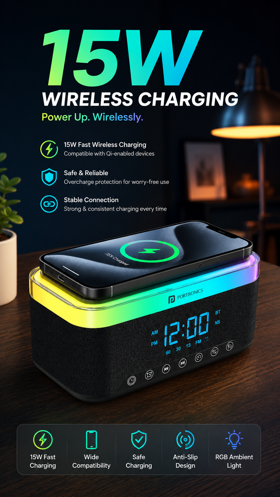 Portronics Trifusion Smart Bluetooth Speaker with 16W HD Sound, 15W Wireless Fast Charging, RGB Ambient Lights, Digital Alarm Clock, White Noise Mode, USB/SD/AUX Support & Type-C Charging – Black