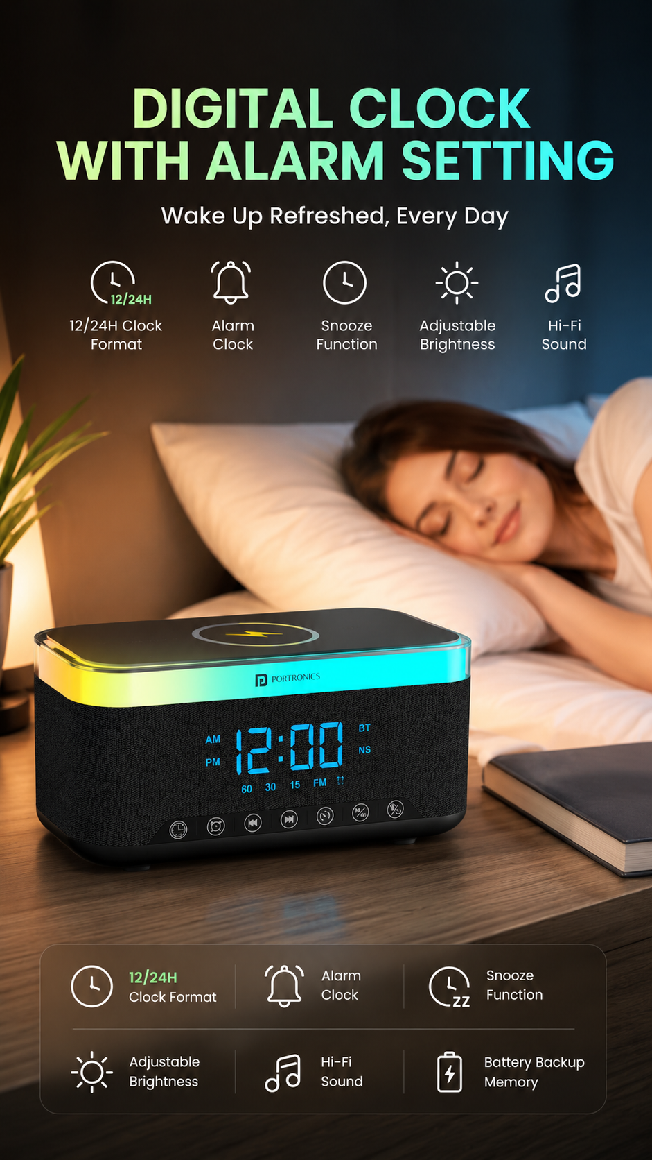 Portronics Trifusion Smart Bluetooth Speaker with 16W HD Sound, 15W Wireless Fast Charging, RGB Ambient Lights, Digital Alarm Clock, White Noise Mode, USB/SD/AUX Support & Type-C Charging – Black