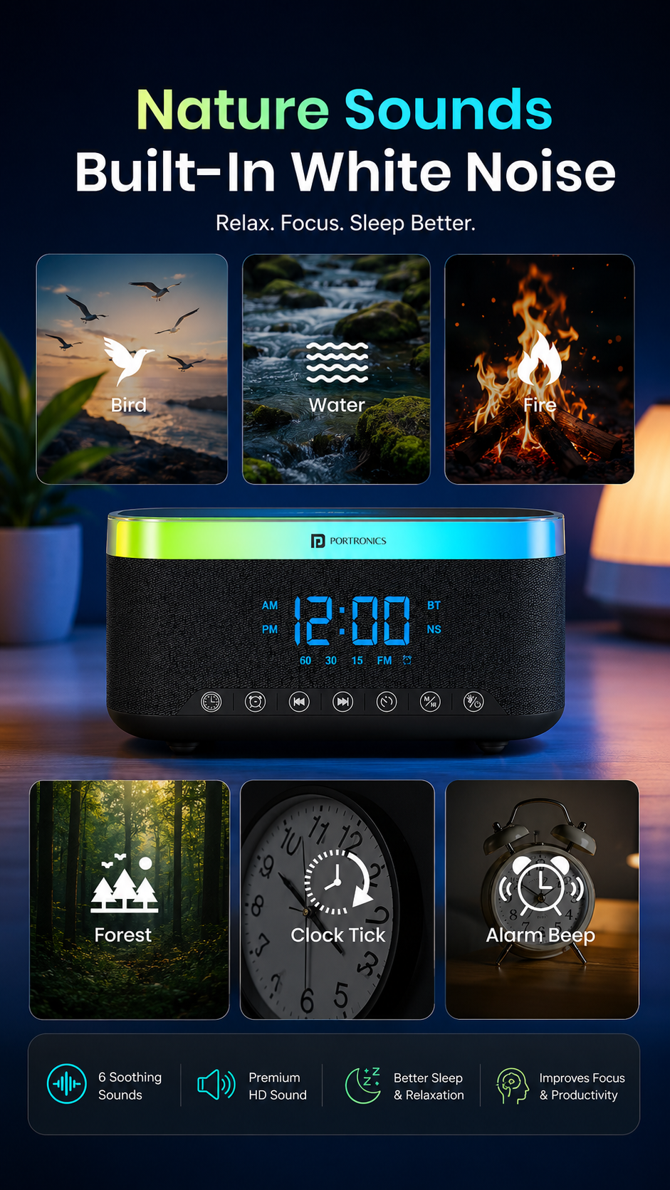 Portronics Trifusion Smart Bluetooth Speaker with 16W HD Sound, 15W Wireless Fast Charging, RGB Ambient Lights, Digital Alarm Clock, White Noise Mode, USB/SD/AUX Support & Type-C Charging – Black