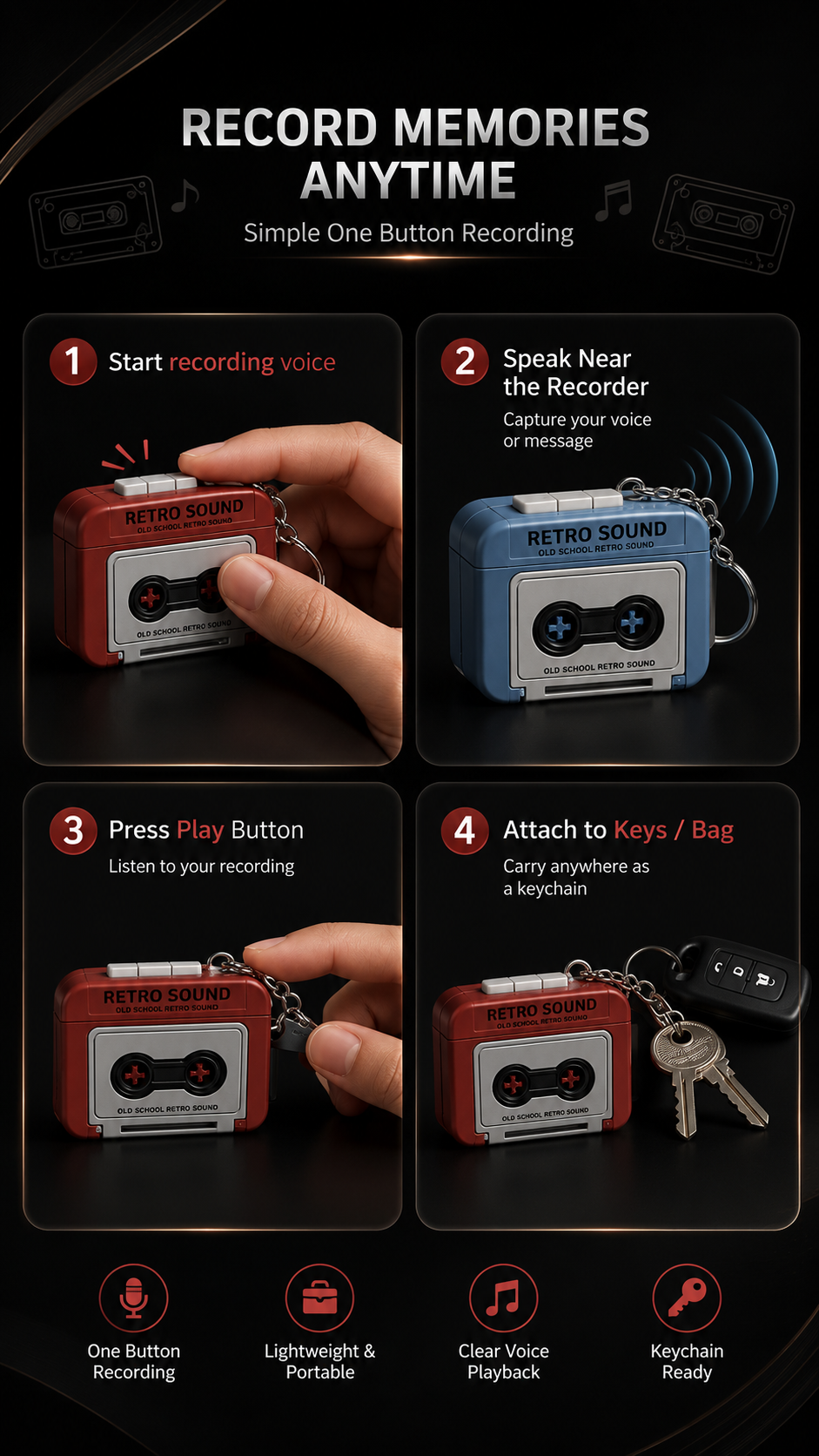 RetroSound Mini Voice Recorder Keychain – Vintage Cassette Style Audio Recorder with Instant Playback, Portable Retro Keychain Gadget for Voice Notes, Memories & Fun Recordings (Pack of 1)