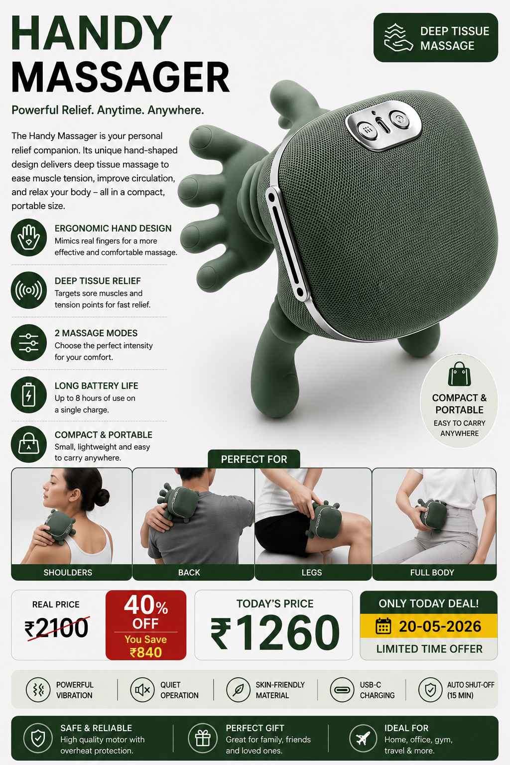 Shoulder and Neck Massager, Neck Massager for Pain Relief Deep Tissue with Two-Speed Temperature Adjustment Dual-Zone Heat, Back and Leg Massagers with Simulation Palm, Useful Gift